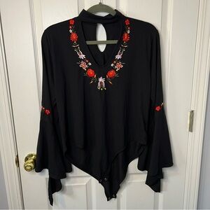 Black Embroidered Bell Sleeve Bodysuit Boho Festival 2XL